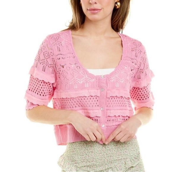 70/21 Sweaters - 70/21 Wmn S Pink Pointelle Knit Ruffle Tiered Short Sleeve Cropped Cardigan NWOT